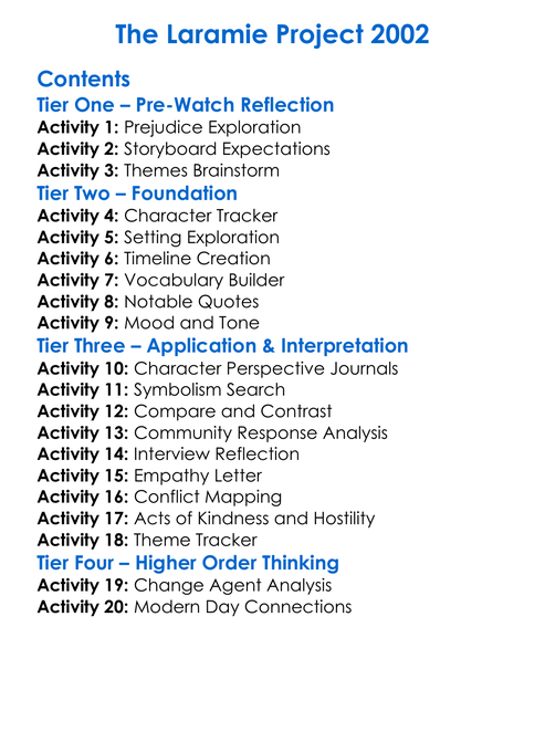 The Laramie Project 2002 Worksheet Activity Booklet