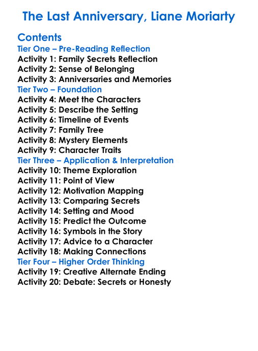 The Last Anniversary Liane Moriarty Worksheet Activity Booklet