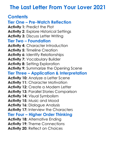The Last Letter From Your Lover 2021 Worksheet Activity Booklet