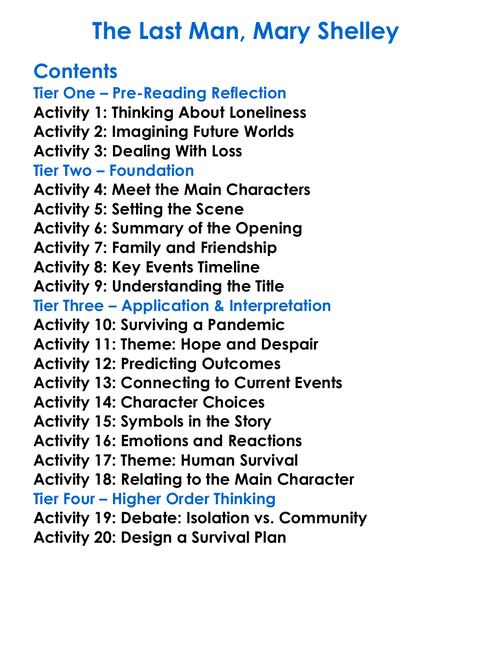 The Last Man Mary Shelley Worksheet Activity Booklet