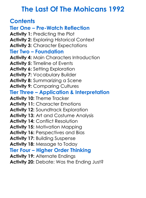 The Last Of The Mohicans 1992 Worksheet Activity Booklet