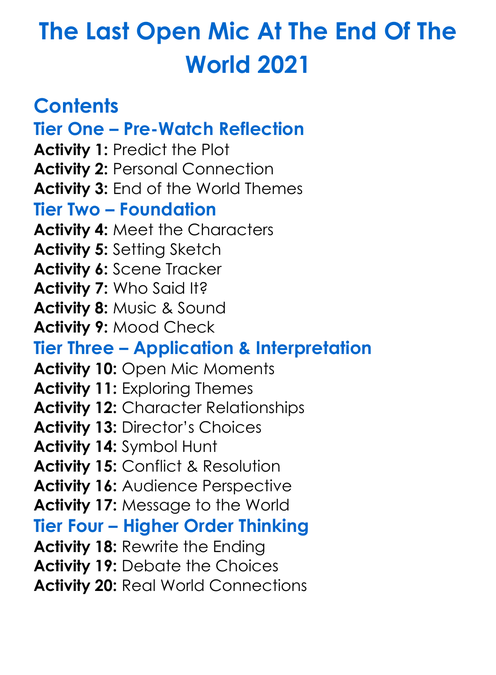 The Last Open Mic At The End Of The World 2021 Worksheet Activity Booklet
