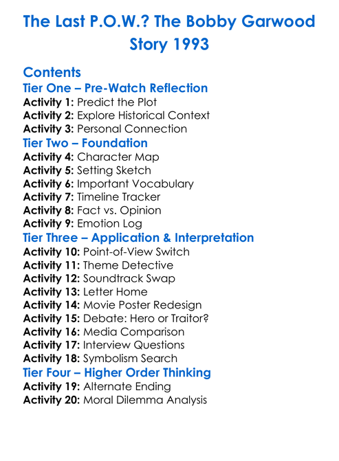 The Last Pow The Bobby Garwood Story 1993 Worksheet Activity Booklet