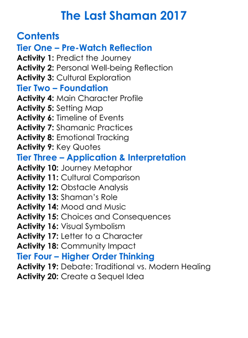 The Last Shaman 2017 Worksheet Activity Booklet