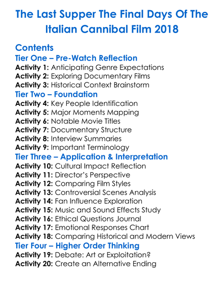 The Last Supper The Final Days Of The Italian Cannibal Film 2018 Worksheet Activity Booklet