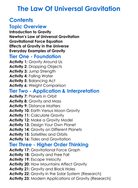 The Law Of Universal Gravitation Worksheet Activity Booklet