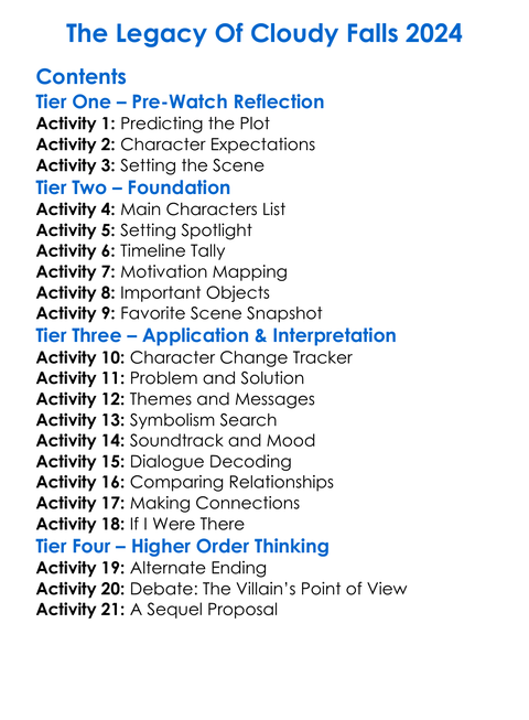 The Legacy Of Cloudy Falls 2024 Worksheet Activity Booklet
