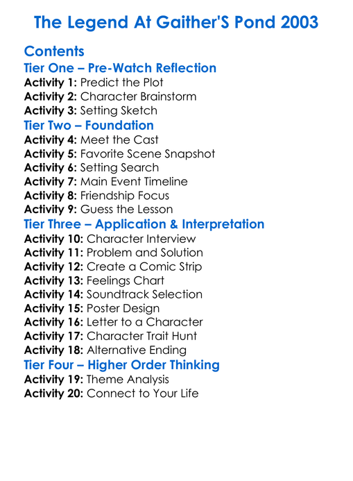 The Legend At Gaithers Pond 2003 Worksheet Activity Booklet