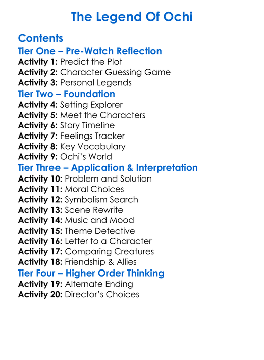 The Legend Of Ochi Worksheet Activity Booklet