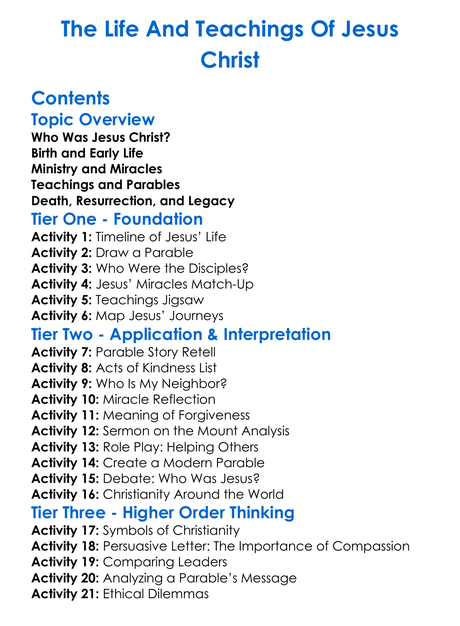 The Life And Teachings Of Jesus Christ Worksheet Activity Booklet