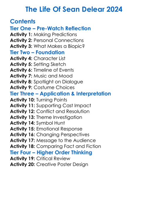 The Life Of Sean Delear 2024 Worksheet Activity Booklet