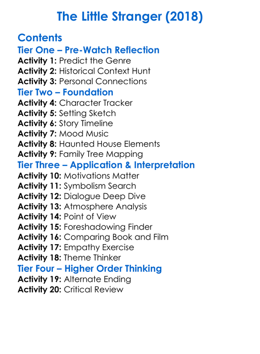 The Little Stranger 2018 Worksheet Activity Booklet