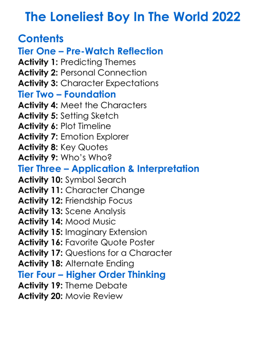 The Loneliest Boy In The World 2022 Worksheet Activity Booklet