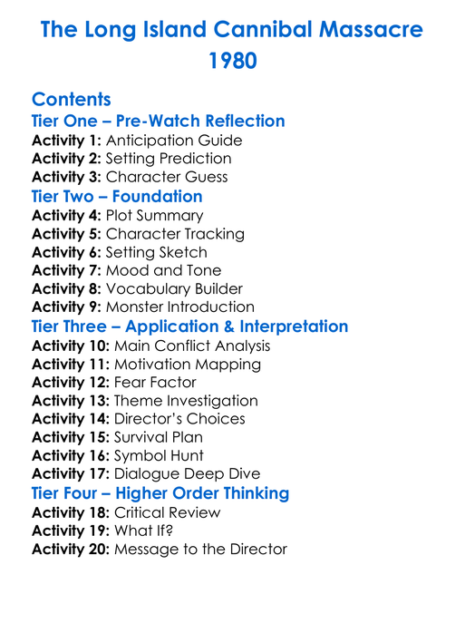 The Long Island Cannibal Massacre 1980 Worksheet Activity Booklet