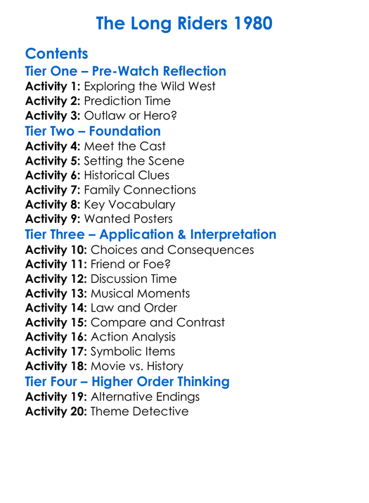 The Long Riders 1980 Worksheet Activity Booklet