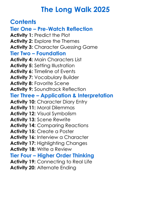 The Long Walk 2025 Worksheet Activity Booklet