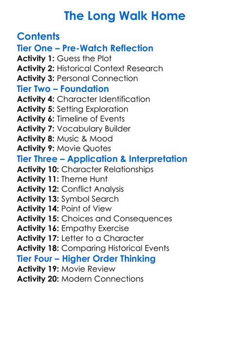 The Long Walk Home Worksheet Activity Booklet