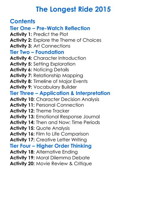 The Longest Ride 2015 Worksheet Activity Booklet