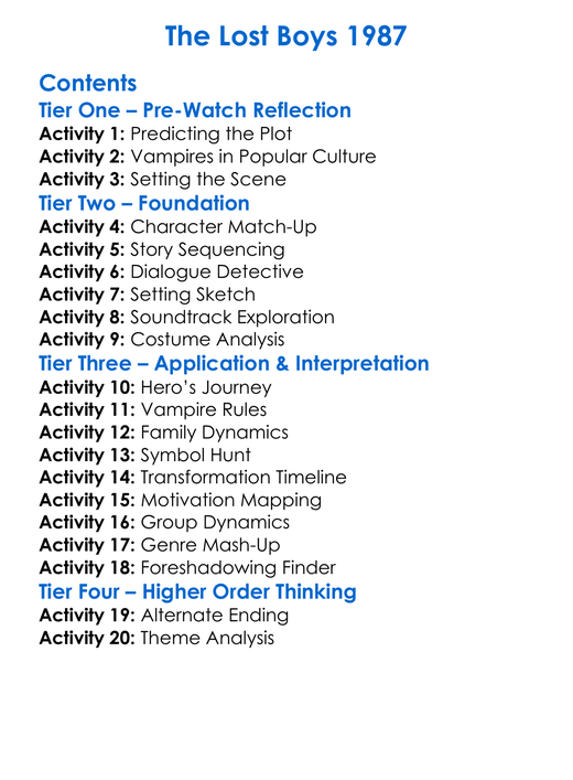 The Lost Boys 1987 Worksheet Activity Booklet
