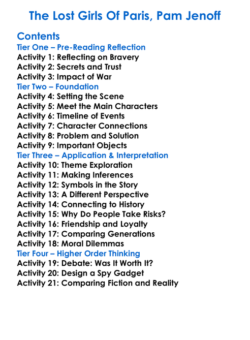 The Lost Girls Of Paris Pam Jenoff Worksheet Activity Booklet