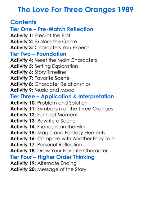 The Love For Three Oranges 1989 Worksheet Activity Booklet