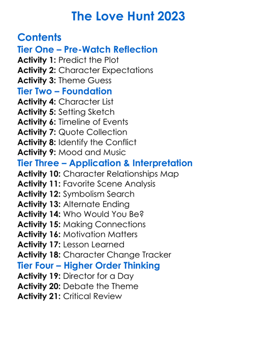 The Love Hunt 2023 Worksheet Activity Booklet