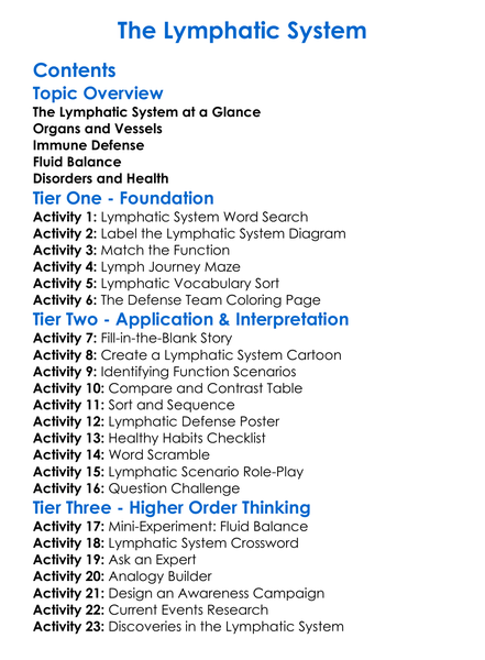 The Lymphatic System Worksheet Activity Booklet