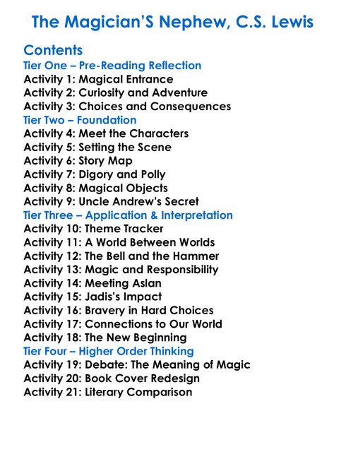 The Magicians Nephew Cs Lewis Worksheet Activity Booklet