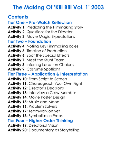 The Making Of Kill Bill Vol 1 2003 Worksheet Activity Booklet