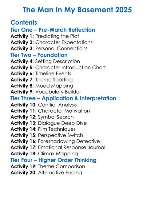 The Man In My Basement 2025 Worksheet Activity Booklet