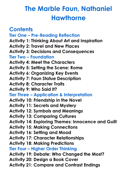 The Marble Faun Nathaniel Hawthorne Worksheet Activity Booklet