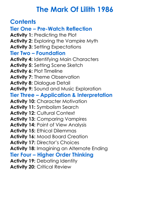 The Mark Of Lilith 1986 Worksheet Activity Booklet