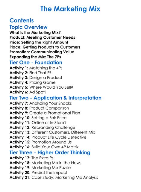 The Marketing Mix Worksheet Activity Booklet