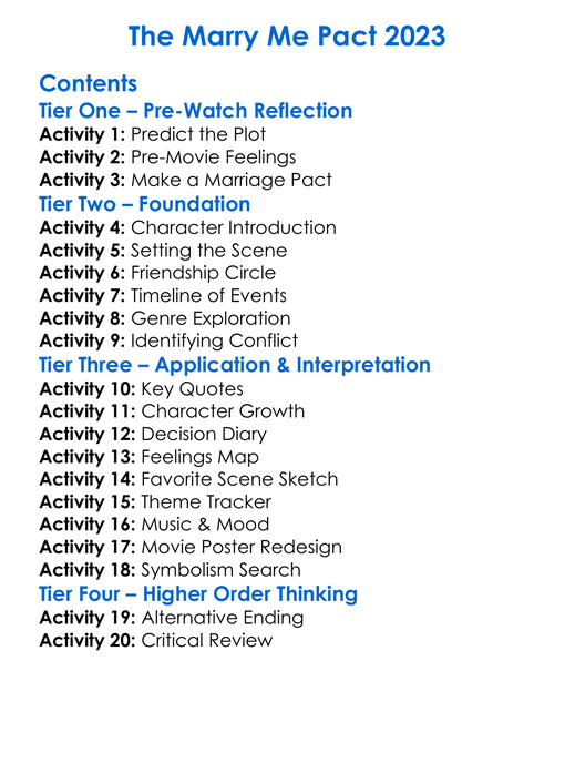 The Marry Me Pact 2023 Worksheet Activity Booklet