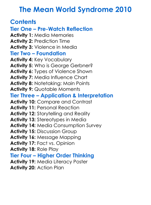 The Mean World Syndrome 2010 Worksheet Activity Booklet