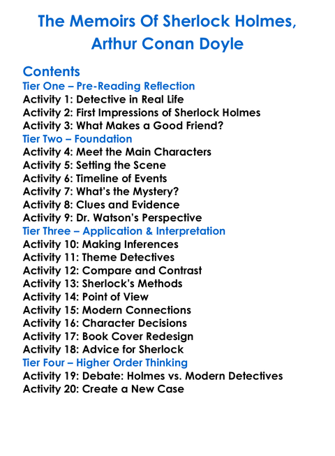 The Memoirs Of Sherlock Holmes Arthur Conan Doyle Worksheet Activity Booklet