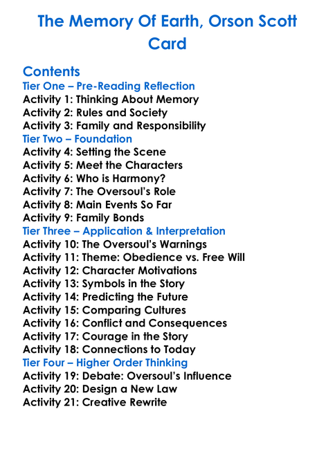 The Memory Of Earth Orson Scott Card Worksheet Activity Booklet