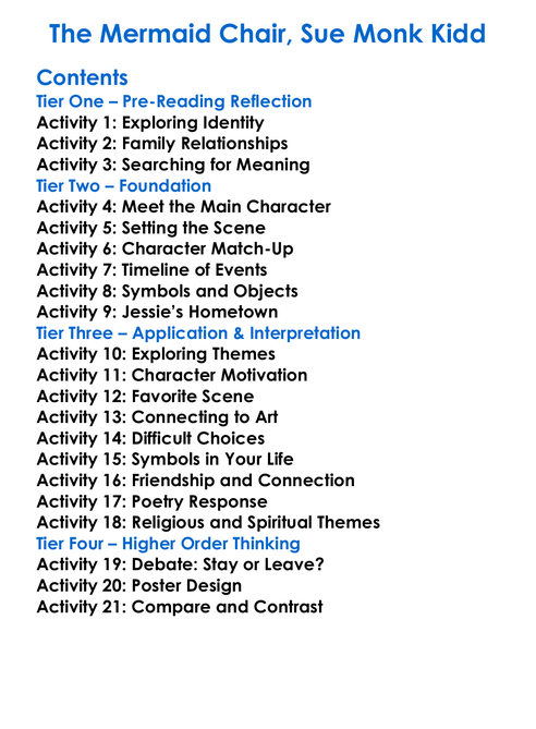 The Mermaid Chair Sue Monk Kidd Worksheet Activity Booklet