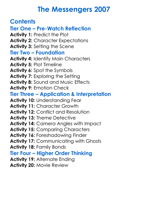 The Messengers 2007 Worksheet Activity Booklet