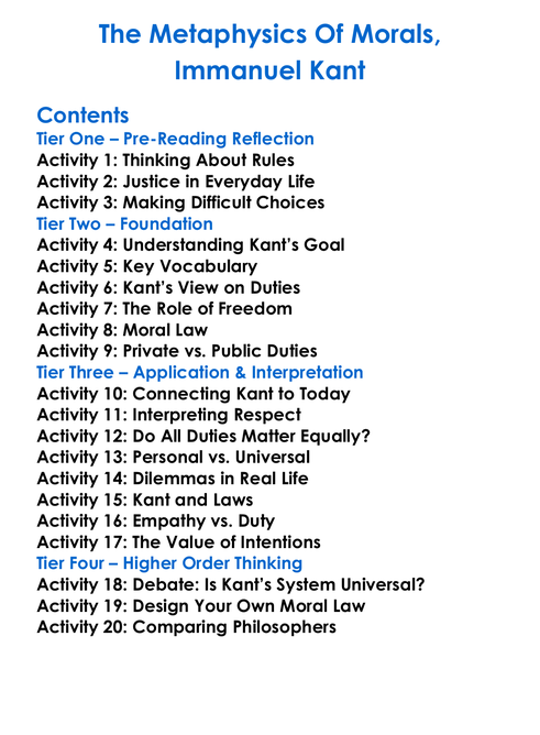 The Metaphysics Of Morals Immanuel Kant Worksheet Activity Booklet