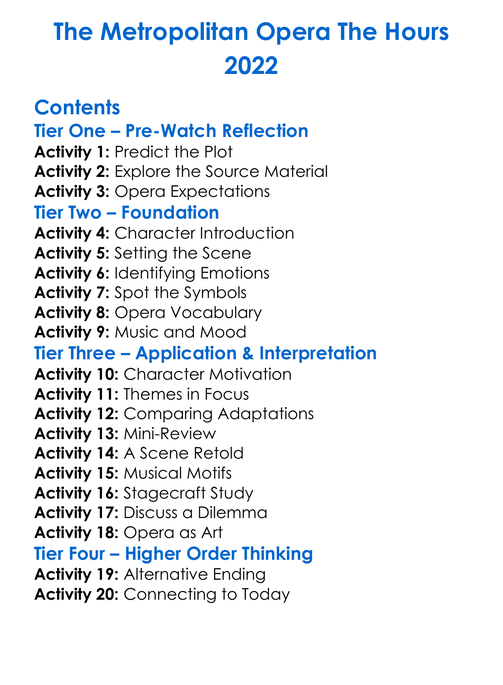 The Metropolitan Opera The Hours 2022 Worksheet Activity Booklet