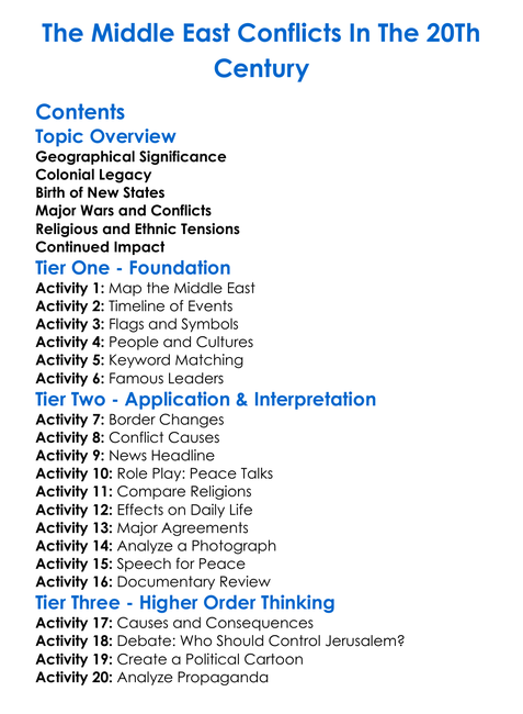 The Middle East Conflicts In The 20Th Century Worksheet Activity Booklet