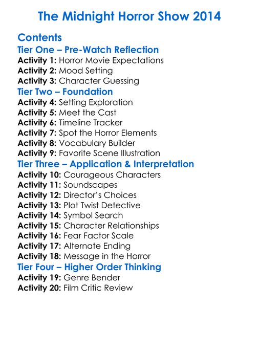 The Midnight Horror Show 2014 Worksheet Activity Booklet