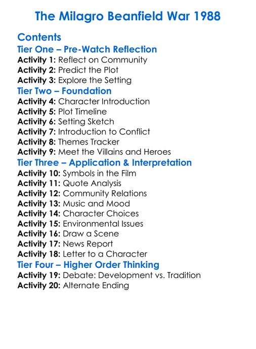 The Milagro Beanfield War 1988 Worksheet Activity Booklet