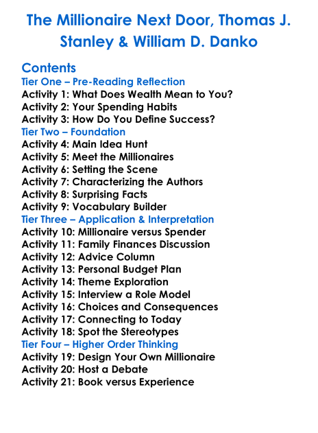 The Millionaire Next Door Thomas J Stanley William D Danko Worksheet Activity Booklet