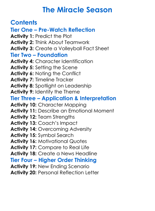 The Miracle Season Worksheet Activity Booklet