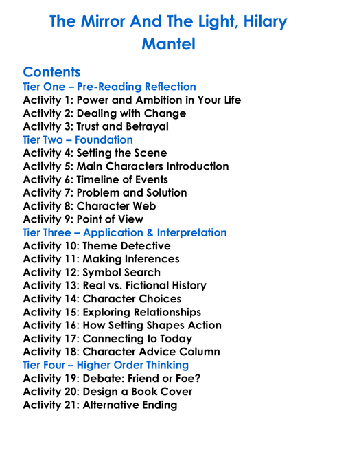 The Mirror And The Light Hilary Mantel Worksheet Activity Booklet