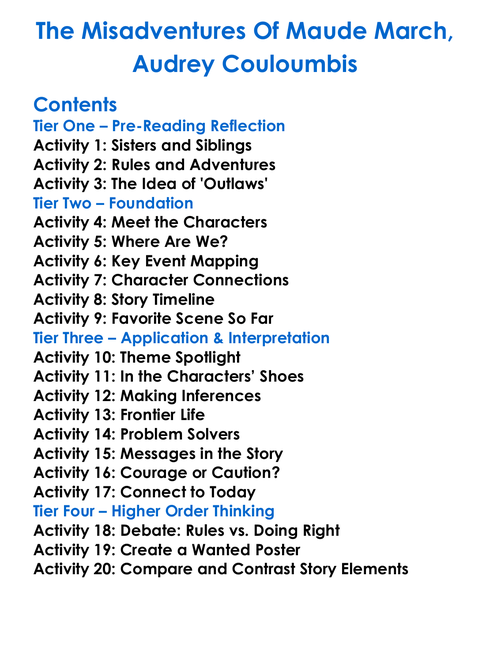 The Misadventures Of Maude March Audrey Couloumbis Worksheet Activity Booklet