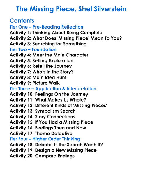 The Missing Piece Shel Silverstein Worksheet Activity Booklet