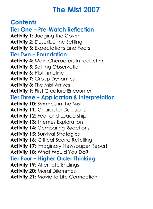 The Mist 2007 Worksheet Activity Booklet